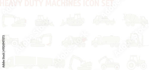 Heavy Duty Construction Machines Icon Set Vector Illustration Featuring Excavator Bulldozer Dump Truck Crane Tractor and Industrial Vehicles
