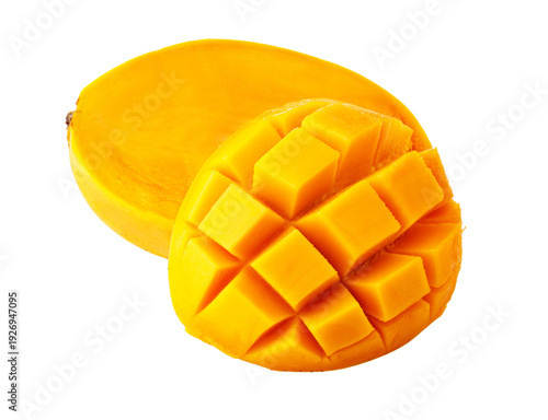 Ripe yellow mango halves showing fresh fruit cubes