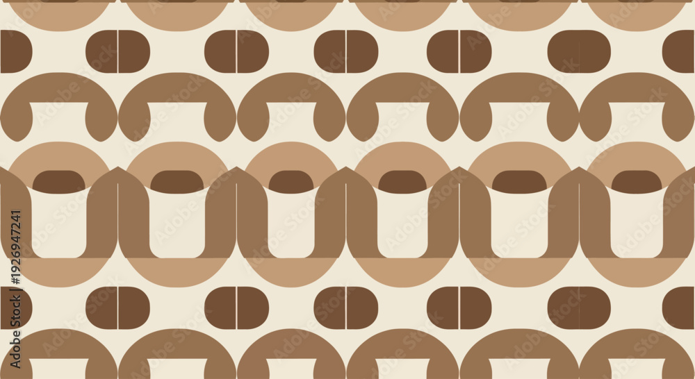 Obraz premium Retro geometric pattern with rounded shapes in brown and cream tones, abstract repeating design