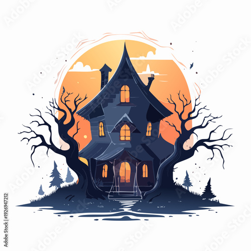 Spooky haunted mansion illustration with bare trees against a Halloween sunset
