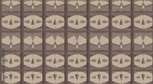 Geometric pattern with abstract faces and shapes in earthy tones, repeated tiling, vector illustration