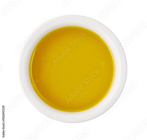 Valokuva Olive oil in white bowl overhead view transparent background