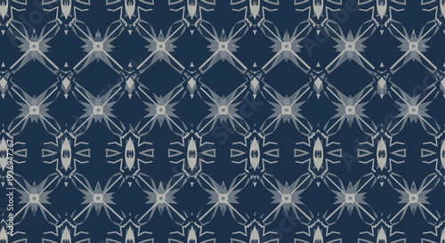 Abstract geometric pattern with starburst and diamond shapes in blue and white tones