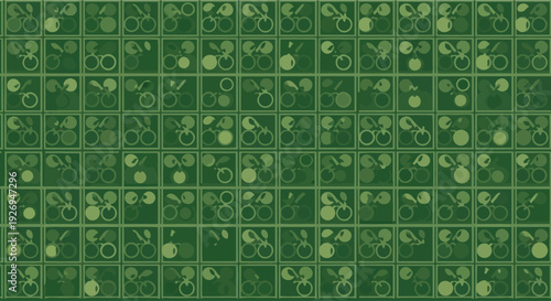 Green geometric pattern with small fruit icons and circles in a flat design style on a dark background.