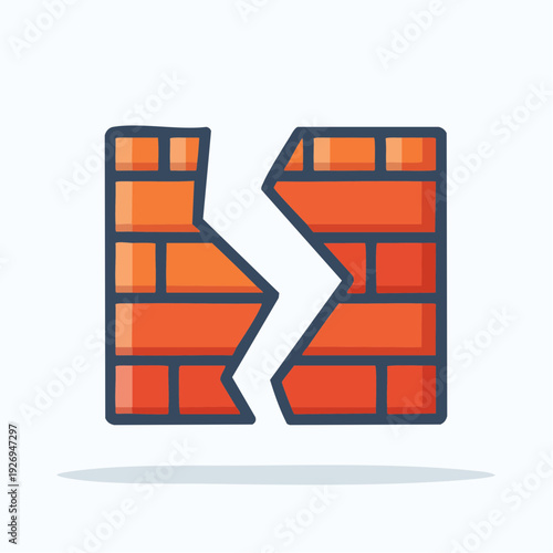 Broken brick wall with a crack symbolizing division and obstacles