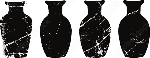 Set of four vintage cracked black vases silhouettes, antique pottery shapes collection