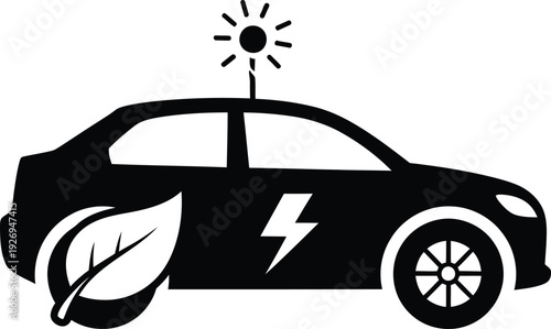 Black silhouette of ecofriendly electric car with leaf lightning symbol and sun on top
