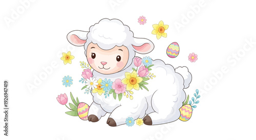 Cute cartoon lamb wearing a colorful floral wreath rests peacefully amidst small spring flowers.
