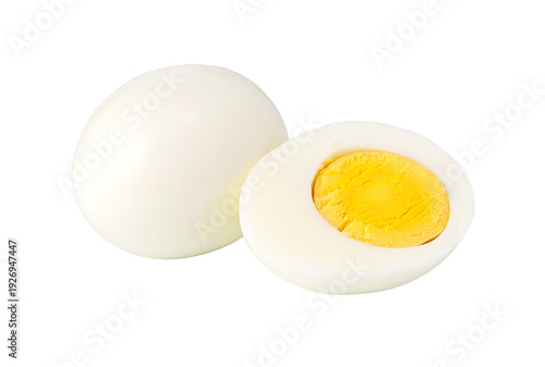 Hard-boiled egg whole and sliced against transparent background