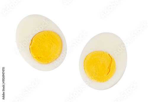 Fényképezés Two hard-boiled egg halves showing yolk and white