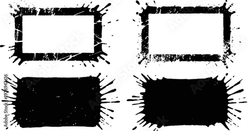 Grunge black ink splatter frames set distressed borders with paint splash effect abstract artistic decorative design elements