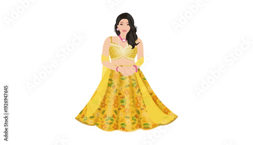 A beautiful woman wearing a traditional Indian yellow lehenga illustration