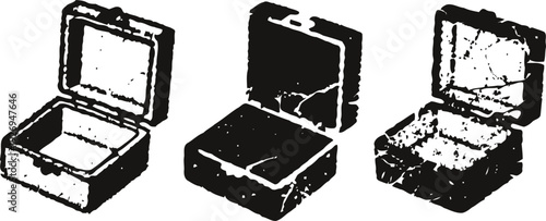 Three vintage hinged boxes in open position with varying textures and shading