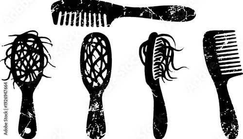 Set of five combs and hairbrushes silhouettes with mess of hair strands in vintage