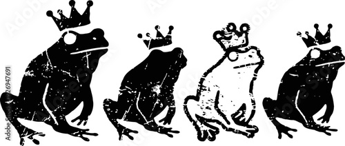 Four black and white stylized frogs wearing crowns sitting in a row illustration