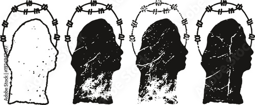 silhouettes of human heads in profile with barbed wire halos concept of mental barriers, entrapment, and psychological struggle