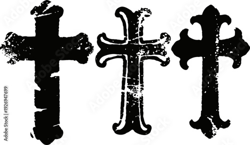 Grunge black crosses set, vintage religious symbols with distressed texture