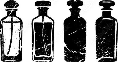 Vintage glass apothecary bottles set old medicinal jars with stoppers and weathered textures