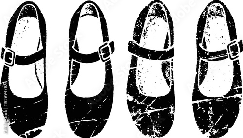 Vintage mary jane shoes silhouette set classic women's footwear vector design grunge texture illustration