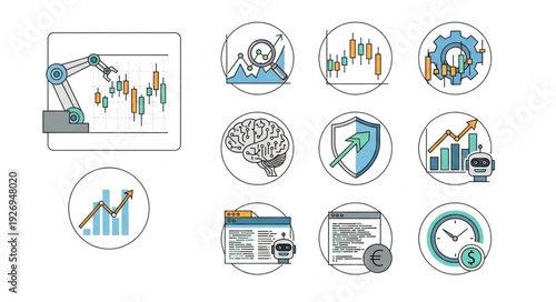 Financial analysis and technology icons representing business and market strategies.