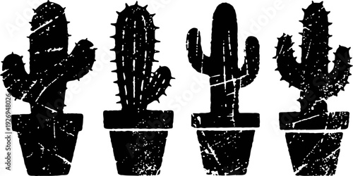 grunge black silhouette cactus set in pots with different shapes and textures isolated on white