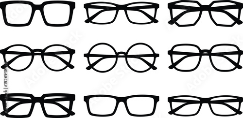 Collection of stylish eyeglasses frames in modern 3x3 grid layout showcasing rectangular, round, oval, and angular designs for fashion, optical, and lifestyle concepts