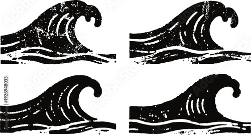 Set of grunge ocean wave silhouettes rough textured sea wave icons in vintage