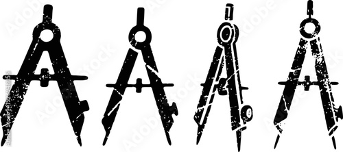 vintage geometric compasses set four black silhouette drawing tools in grunge