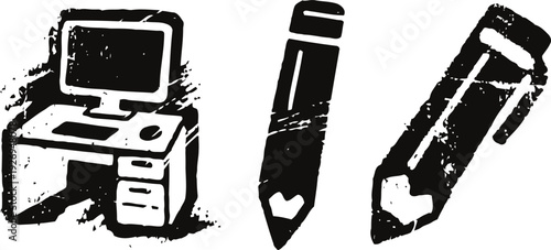grunge computer desk and pencils office workspace and stationery tools illustration
