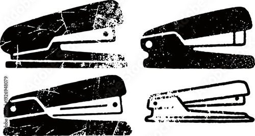 Vintage distressed stapler silhouettes office tool icons with rough textured design classic stationery equipment vectors
