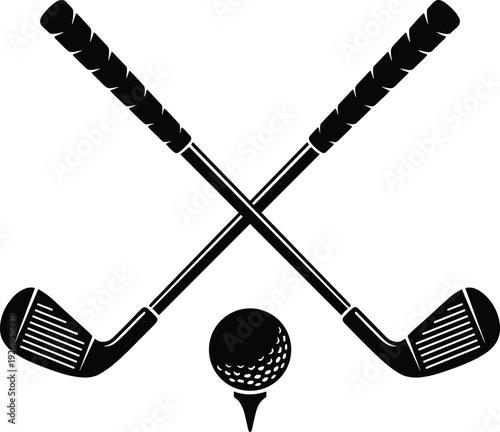Crossed golf clubs with ball on tee in black stylized design symbolizing sport, competition, and golfing lifestyle for logos, signage, and promotional materials