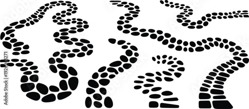 Curvy stone path silhouette collection, decorative garden walkway trail set, landscape design elements for park and outdoor paving isolated on white