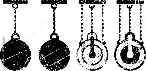 Rustic vintage hanging scales with chains, retro weighing instruments silhouette set