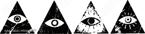 four distressed grunge all seeing eye symbols inside triangle shapes