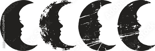 Vintage crescent moon silhouettes four grunge moon faces with textured distressed effects