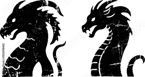 Grunge silhouette dragon heads facing left and right mythical creature design with textured distressed effect