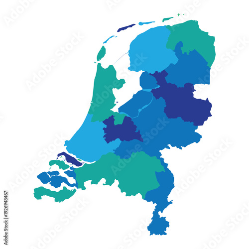 Colorful Map of the Netherlands Showing Provinces with Different Shades of Blue and Green