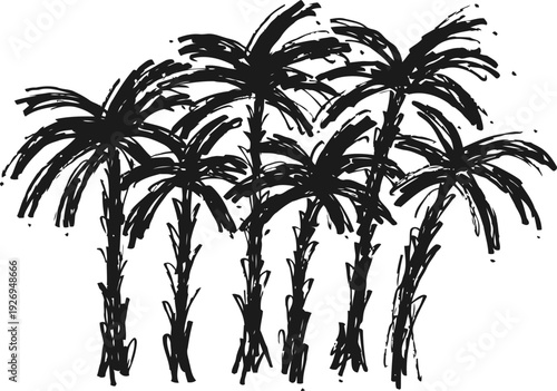 Black palm tree silhouettes in a row tropical jungle forest illustration with rough brushstroke