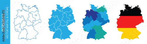 Germany country map outline and filled regions with national flag