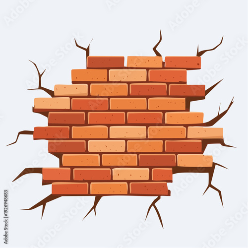 Illustration of a crumbling red brick wall with cracks showing damage and decay