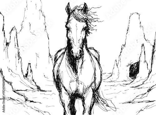 Dynamic hand drawn sketch of a horse running in a rocky canyon landscape