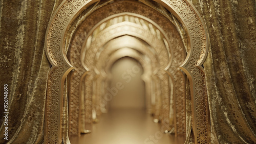 A mesmerizing corridor of golden ornate arches receding into the distance with a soft focus