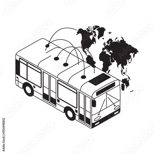 A stylized bus connects to a world map via radiating lines visually