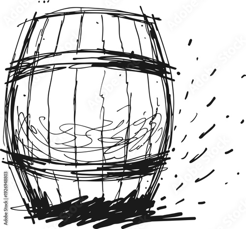Hand drawn vintage wooden barrel with metal bands and ink sketch lines