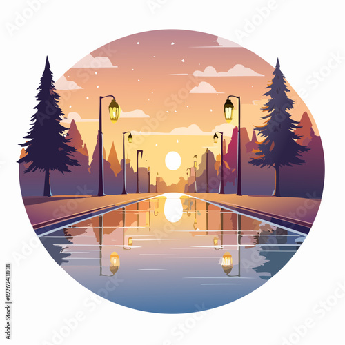 A tranquil city street scene with glowing lanterns reflecting on a wet road at sunset