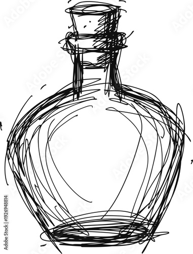 Hand drawn sketch of a vintage glass bottle with cork stopper in black ink lines