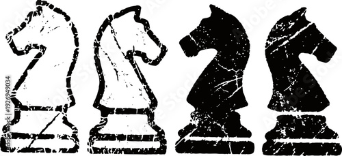 Grunge chess knight pieces icon set in black and white, vintage artistic game symbol collection