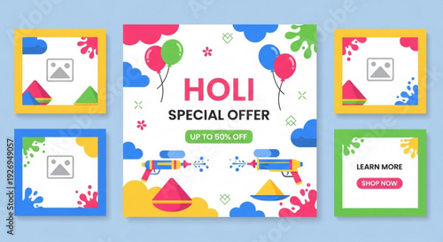 Vibrant holi festival special offer templates with colorful balloons and powder