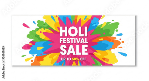 Vibrant holi festival sale banner with colorful splashes and discount offer on white background