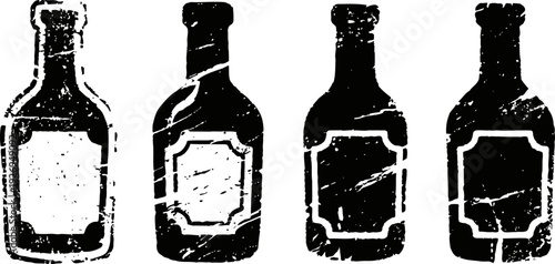 Black distressed whiskey bottle silhouettes with different label shapes set isolated on white background
